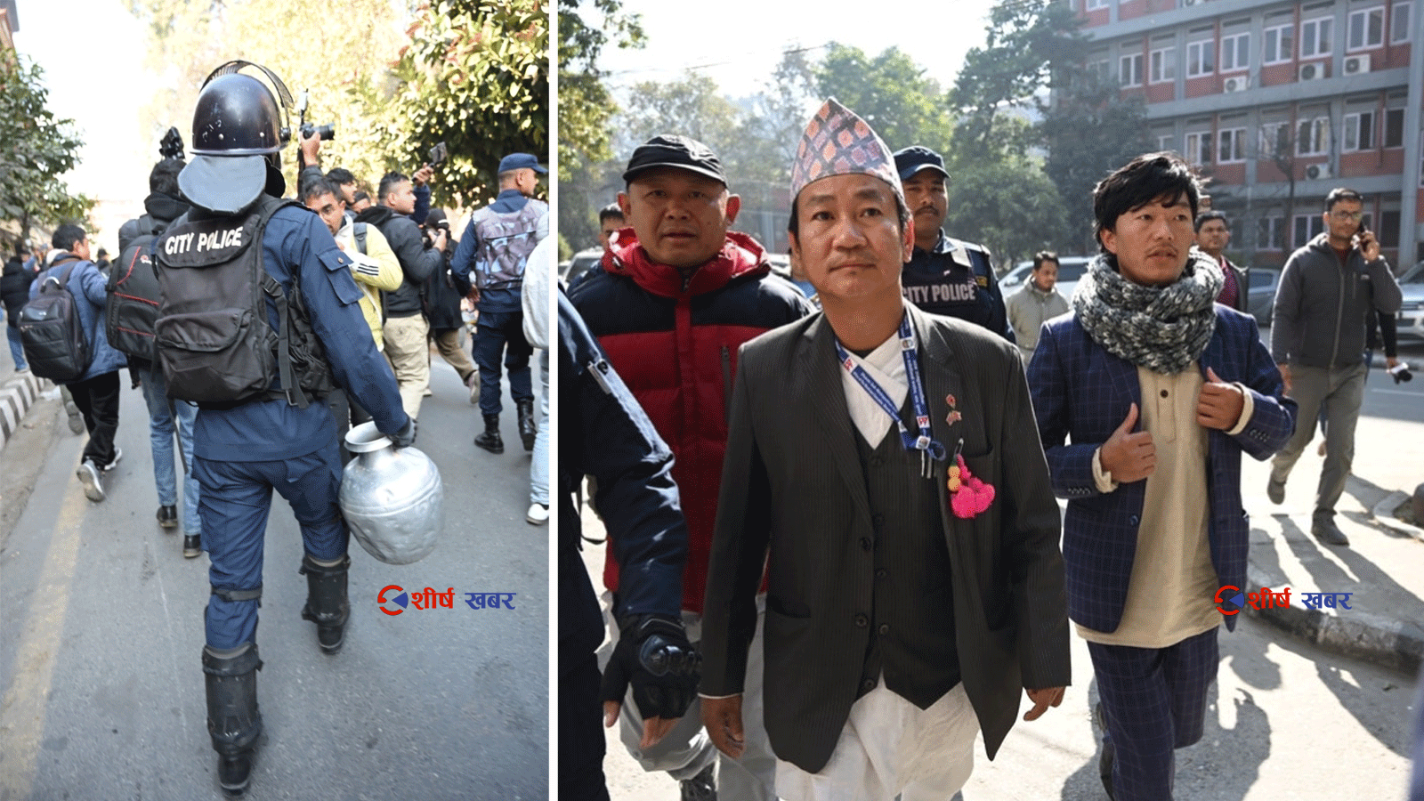 खानेपानीमा भ्रष्टाचार गरेको आरोपपछि थोत्रो गाग्री बोकेर सिंहदरबार पुगे साम्पाङः प्रहरीले खोस्यो गाग्री